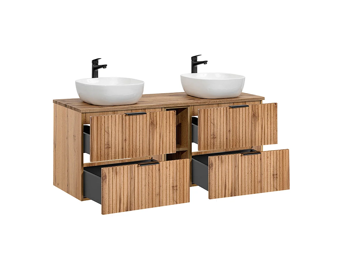 Ensemble meuble double vasque 140cm 2 niches et colonne Adriel Bois