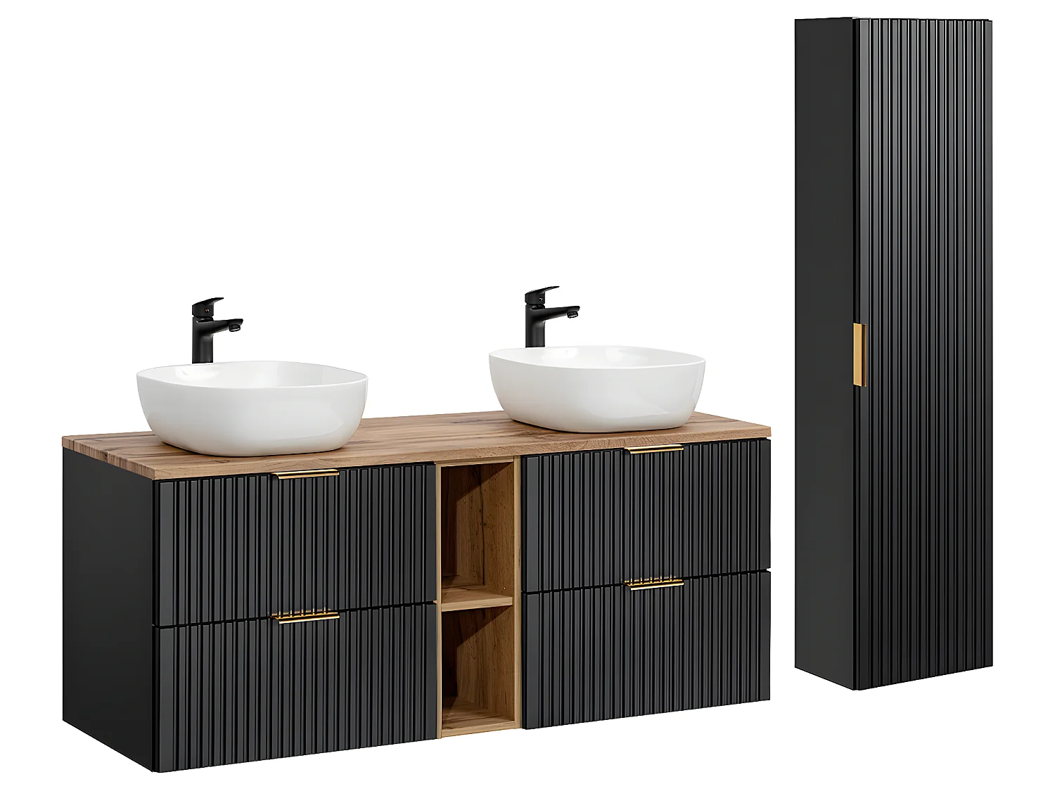 Ensemble meuble double vasque 140cm 2 niches et colonne Adriel Noir et Bois