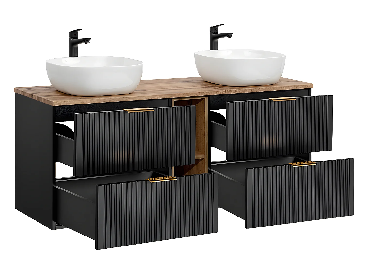 Ensemble meuble double vasque 140cm 2 niches et colonne Adriel Noir et Bois