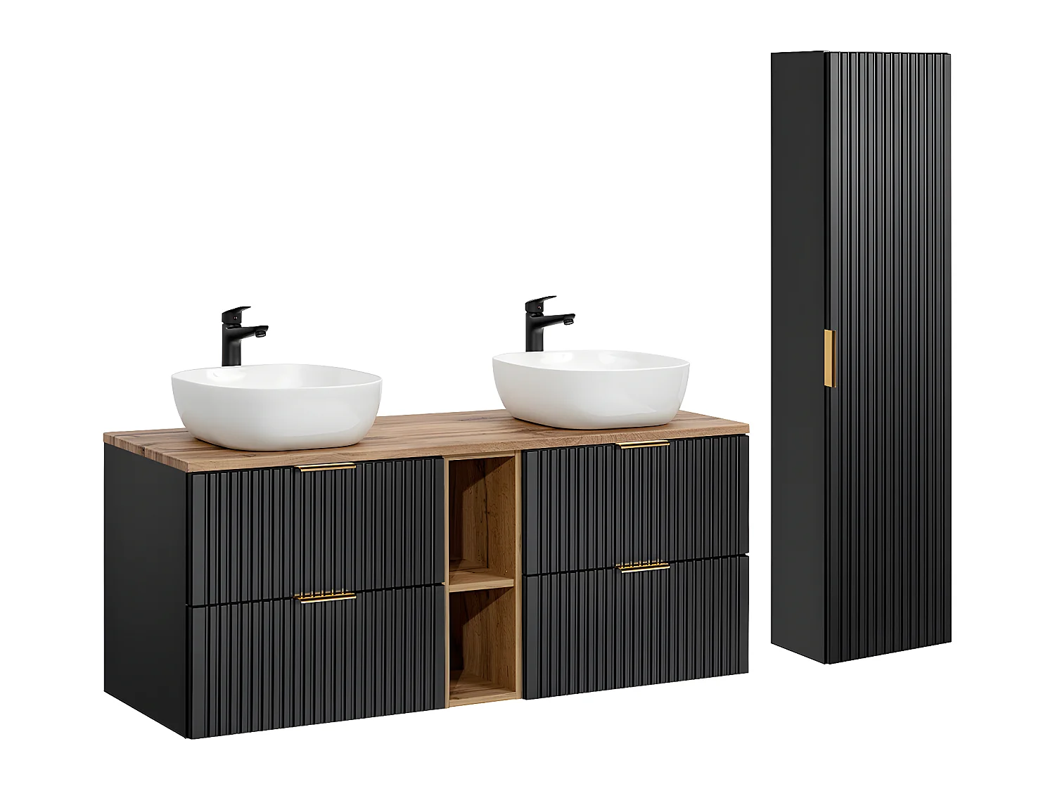 Ensemble meuble double vasque 140cm 2 niches et colonne Adriel Noir et Bois