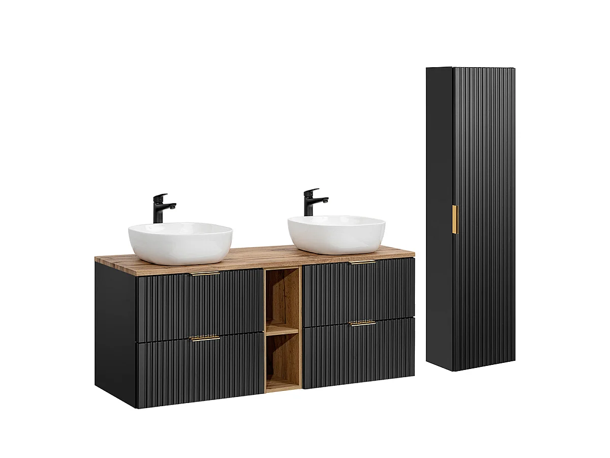 Ensemble meuble double vasque 140cm 2 niches et colonne Adriel Noir et Bois