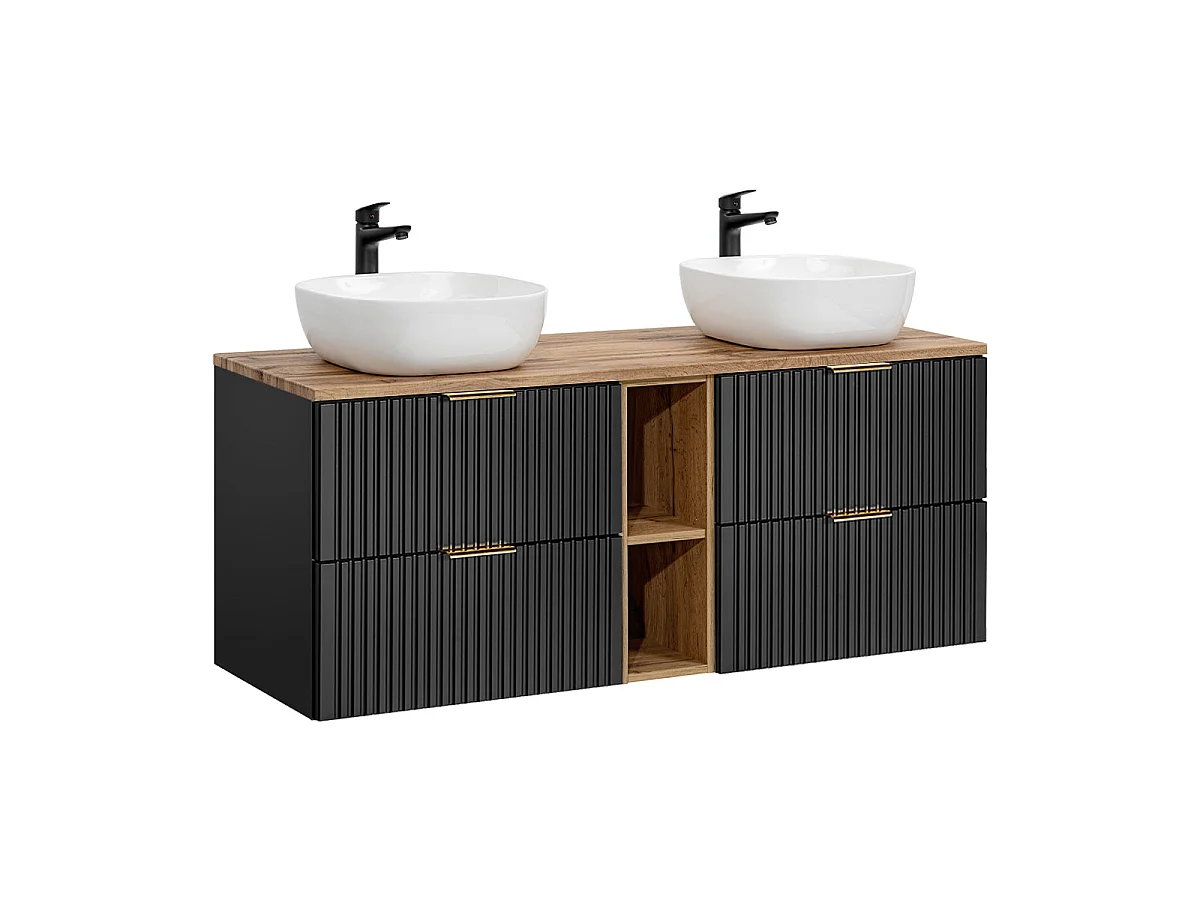 Ensemble meuble double vasque 140cm 2 niches et colonne Adriel Noir et Bois