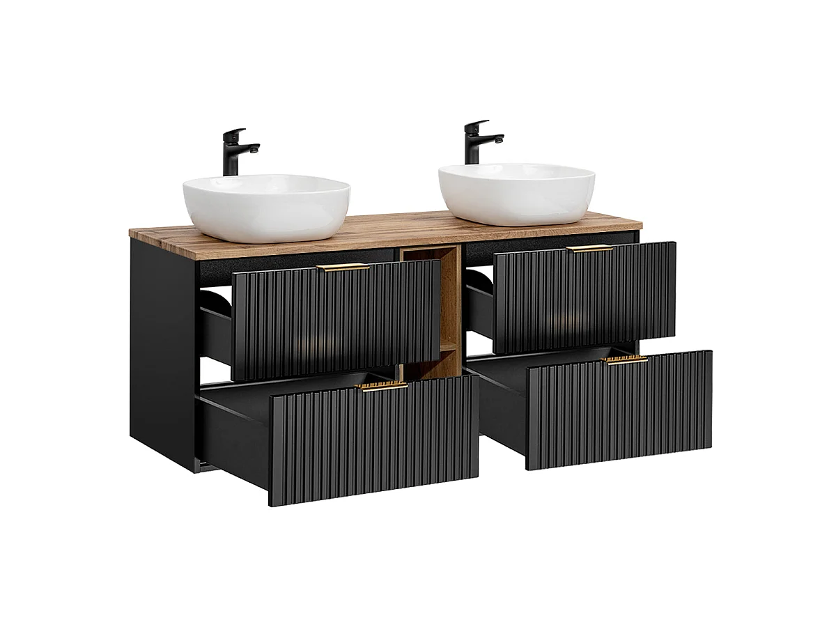 Ensemble meuble double vasque 140cm 2 niches et colonne Adriel Noir et Bois