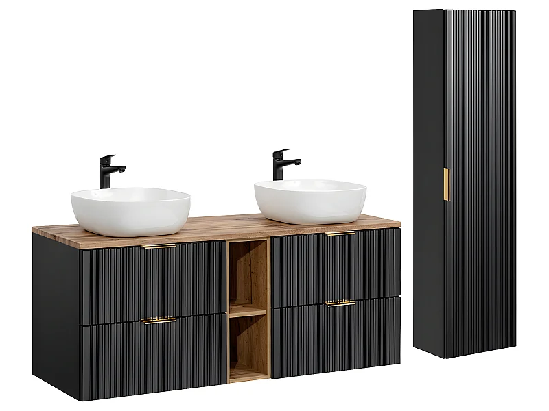 Conjunto mueble lavabo doble 140cm 2 nichos y columna Adriel Negro y Madera