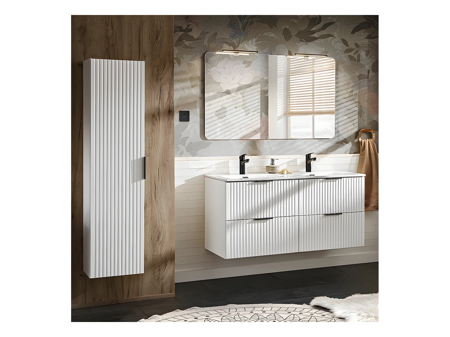 Ensemble meuble double vasque encastrée 120cm et colonne Adriel Blanc