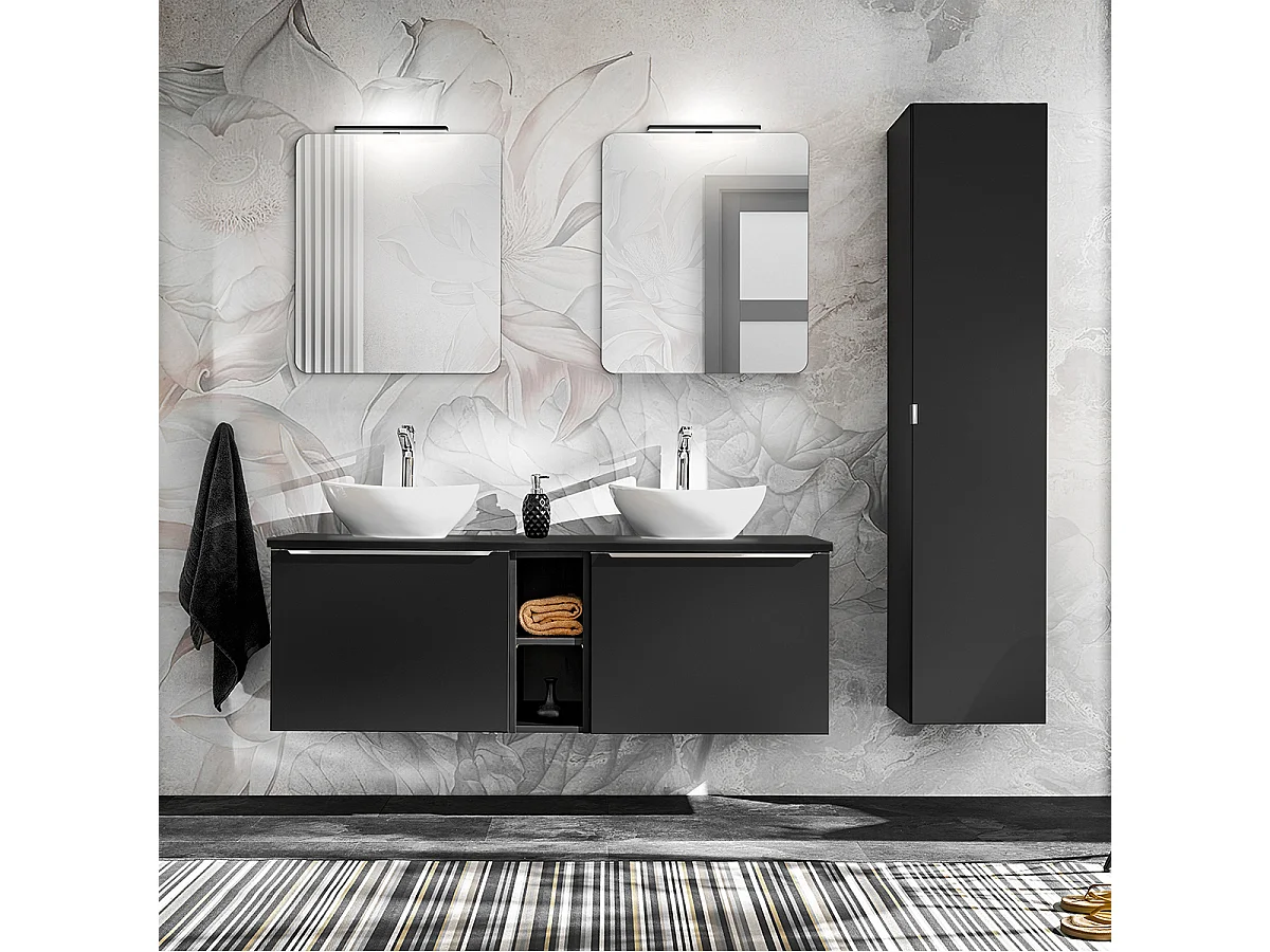 Ensemble meuble double vasque 140cm 2 niches et colonne Éros Noir