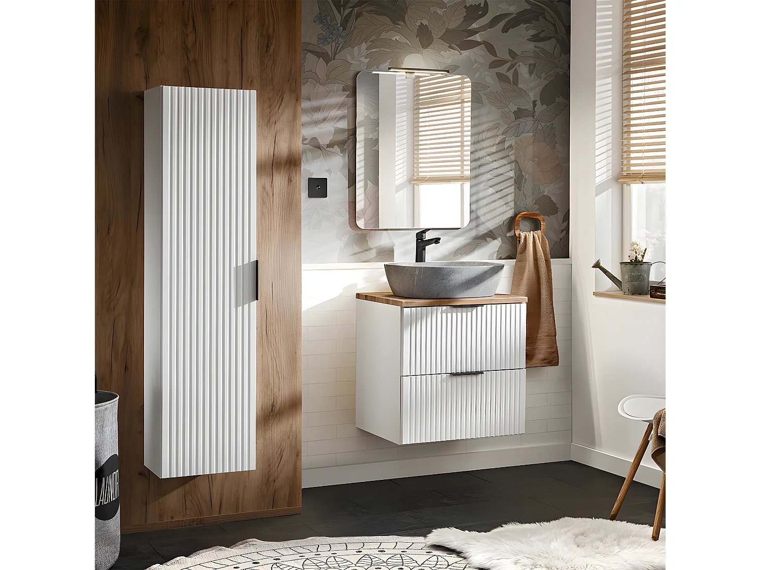 Meuble simple vasque effet pierre 60cm Adriel Blanc