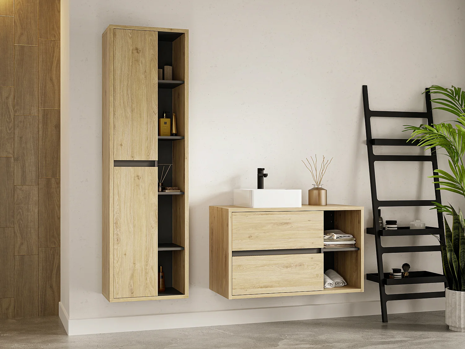 Colonne de salle de bain suspendue - Coloris naturel clair - H170 cm - PURNAL