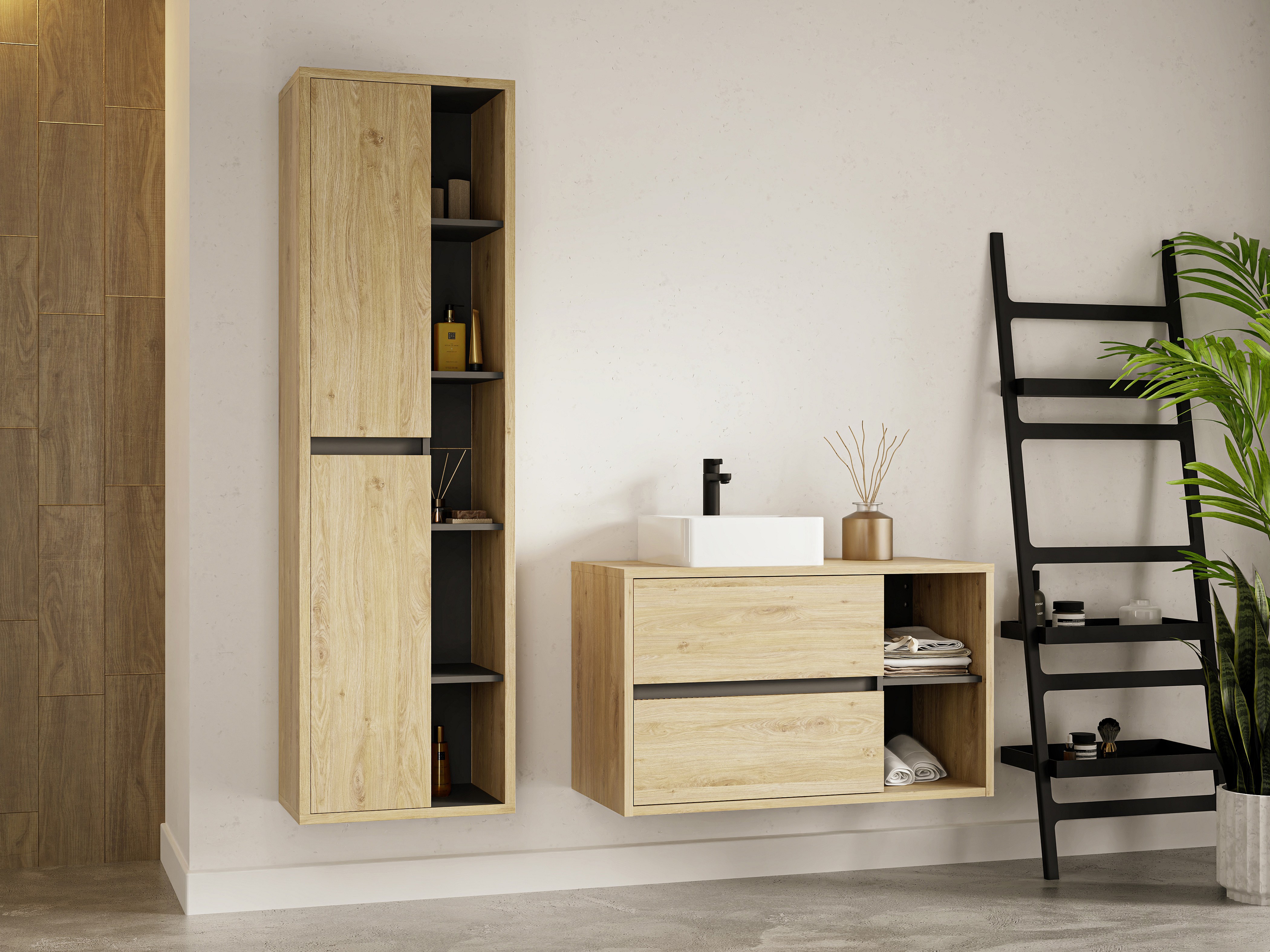 Colonne de salle de bain suspendue naturel clair, H170 cm, PURNAL