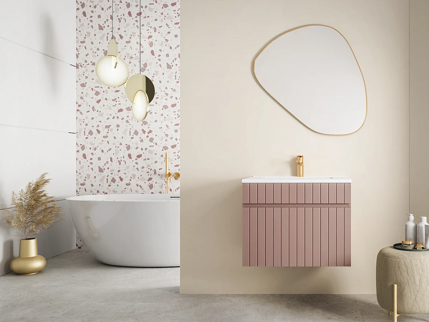 Meuble sous vasque suspendu strié rose - 60 cm - SATARA