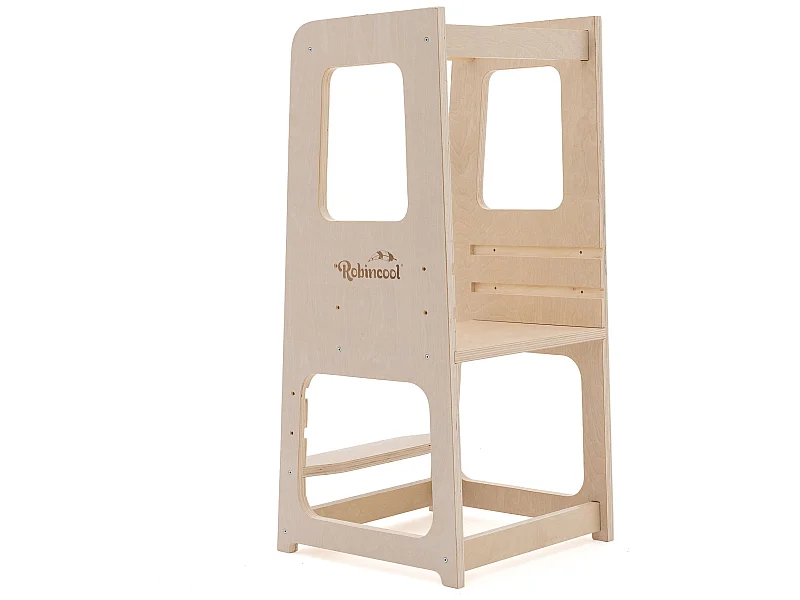 Torre per Apprendimento Montessori Robincool Evolutive 40x44x90 cm in Legno Eco con Altezza Regolabile e Barra di Sicurezza