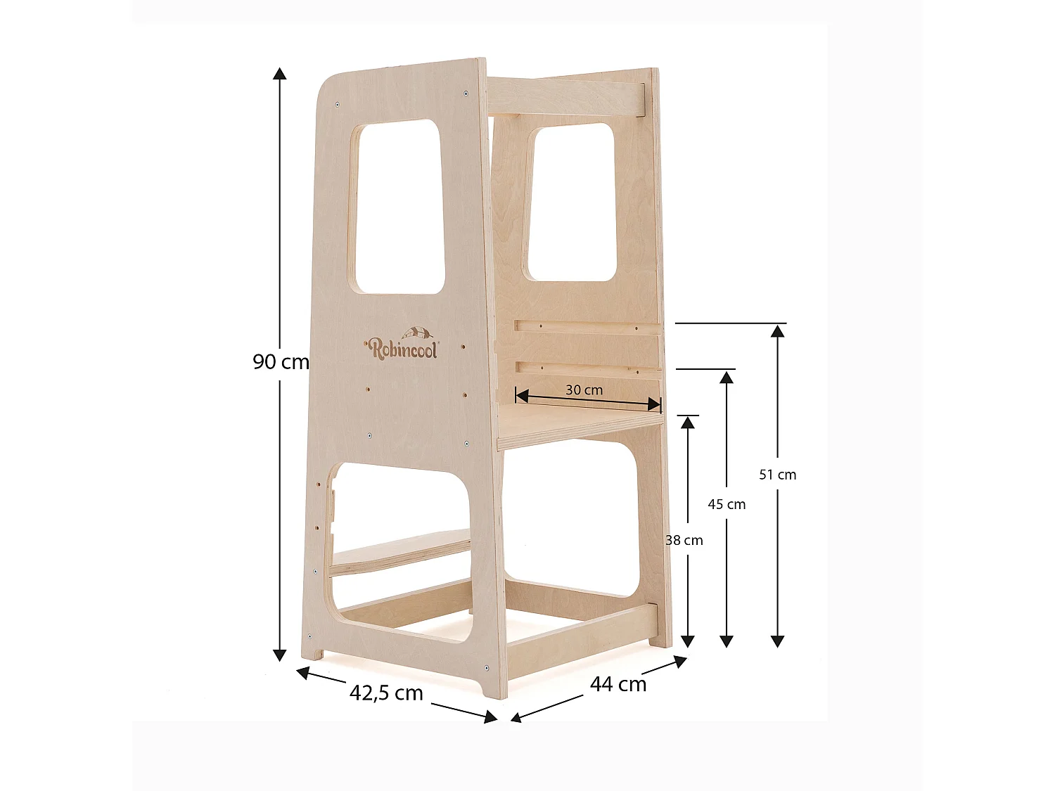 Tour d'Apprentissage Montessori Robincool Evolutive 40x44x90 cm en Bois Éco avec Hauteur Réglable et Barre de Sécurité