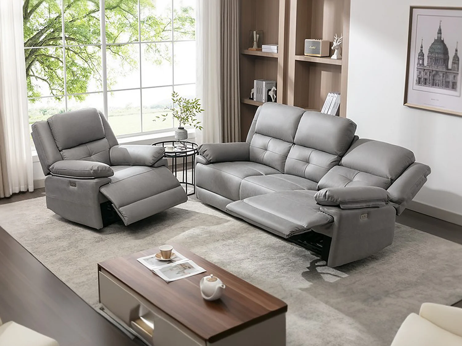 Relaxsofa elektrisch 3-Sitzer + Sessel - Stoff - Grau - DOLENE