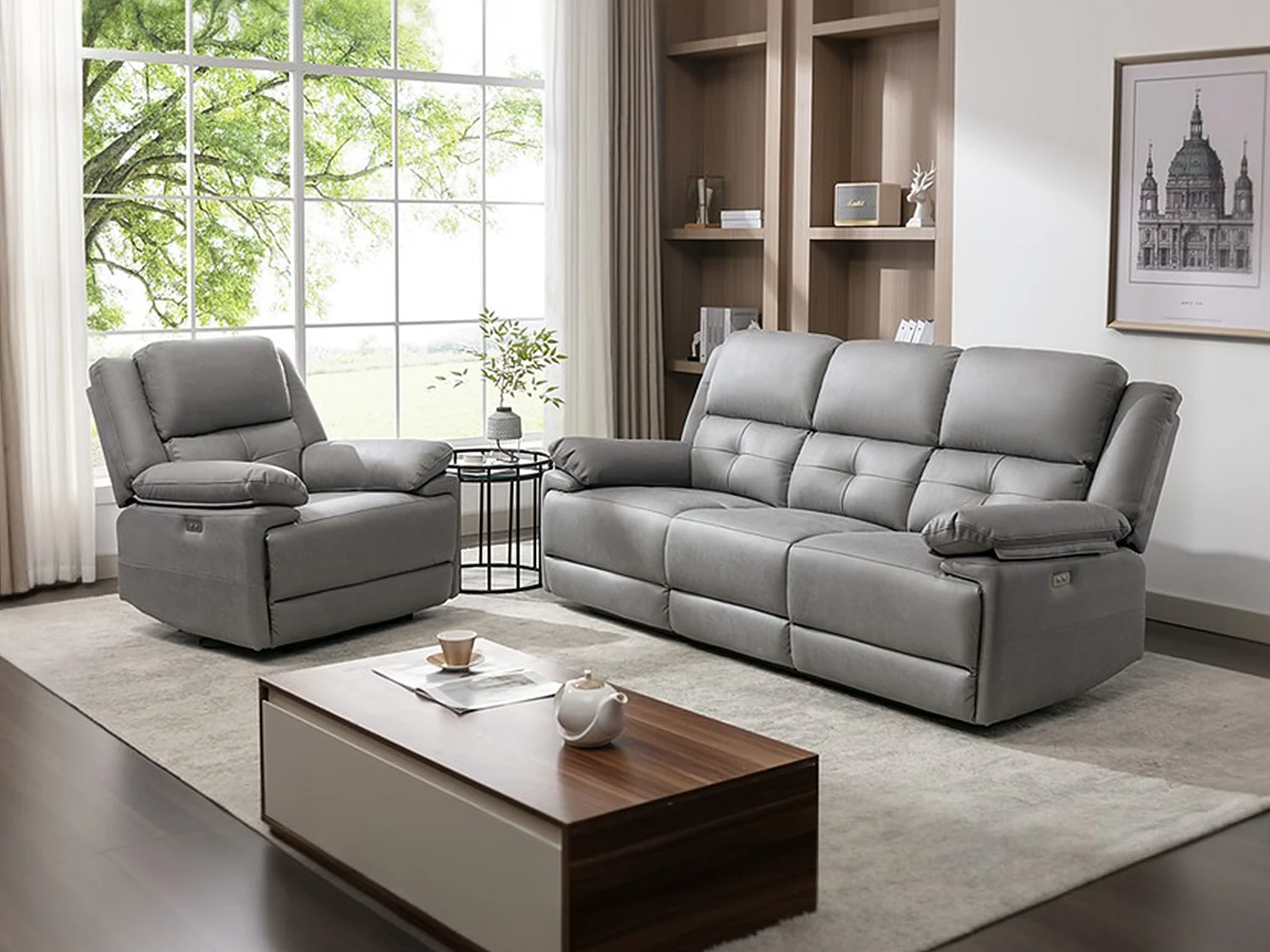 Relaxsofa elektrisch 3-Sitzer + Sessel - Stoff - Grau - DOLENE