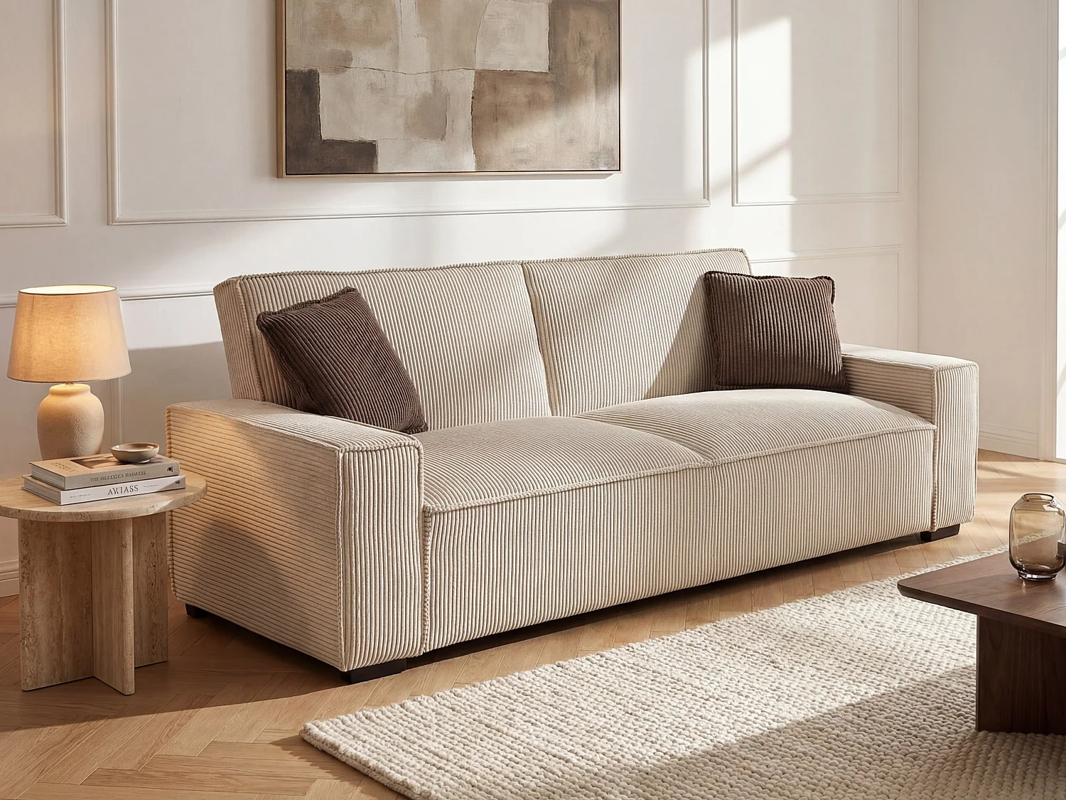 Uitschuifbare driezitsslaapbank van beige ribfluweel SEKOTA