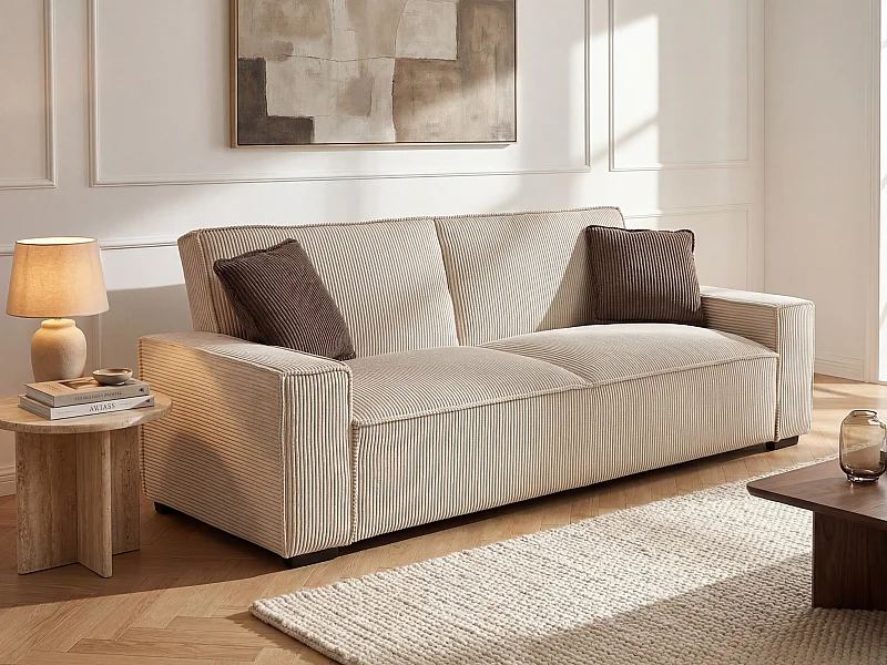 Canapé 3 places convertible en velours côtelé beige SEKOTA