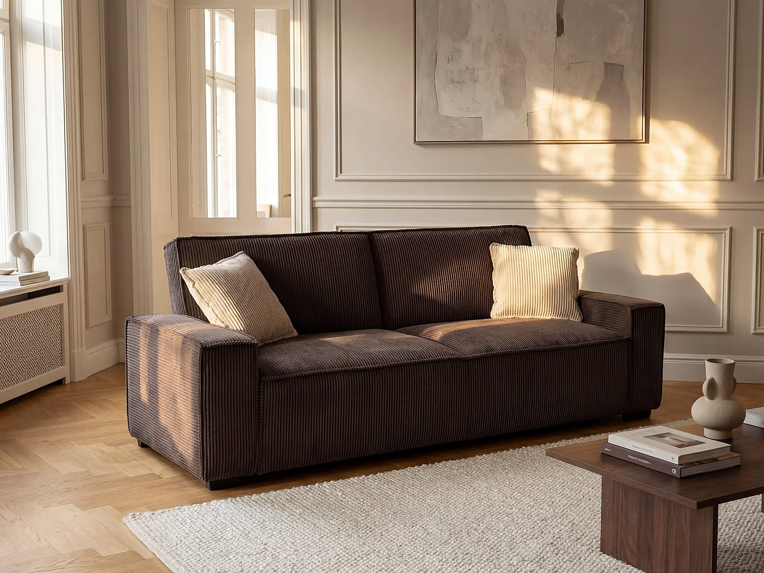 Kanapa 3-osobowa rozkładana ze sztruksu brązowa – SEKOTA