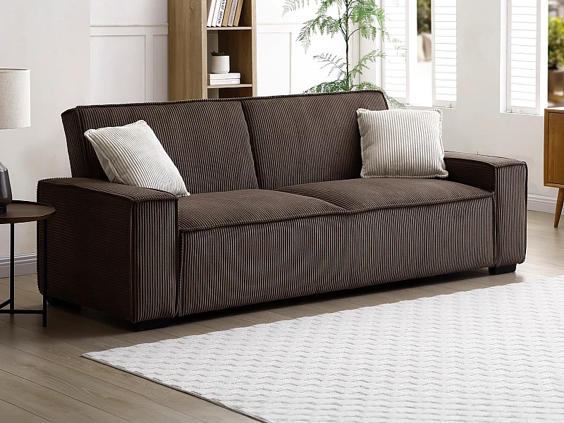 Uitschuifbare driezitsslaapbank van bruin ribfluweel SEKOTA