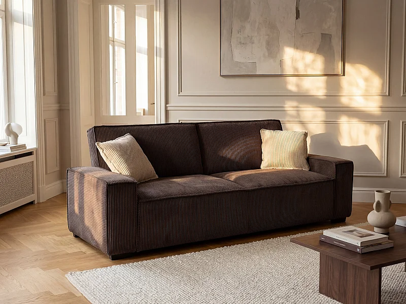 Canapé 3 places convertible en velours côtelé marron SEKOTA