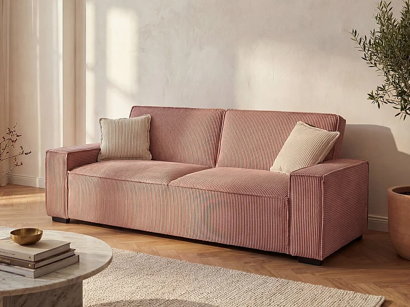 Sofá de 3 lugares convertível em veludo canelado cor-de-rosa - SEKOTA