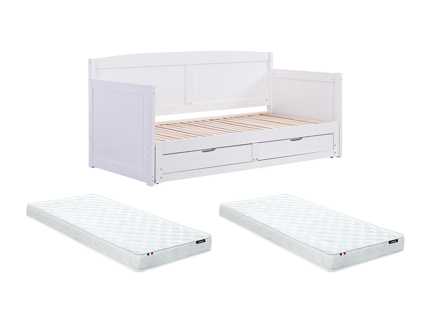 Lit gigogne banquette 90 x 190 ou 180 x 190 cm - Avec sommier peigne et tiroirs - Pin et MDF - Blanc + Matelas - DINIVA