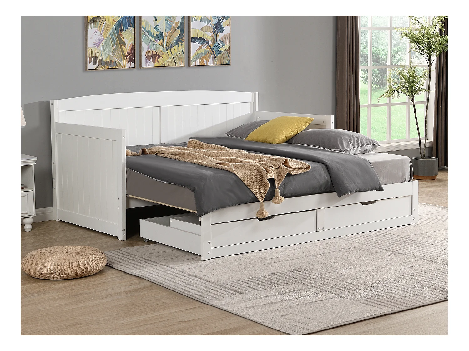 Lit gigogne banquette 90 x 190 ou 180 x 190 cm - Avec sommier peigne et tiroirs - Pin et MDF - Blanc + Matelas - DINIVA