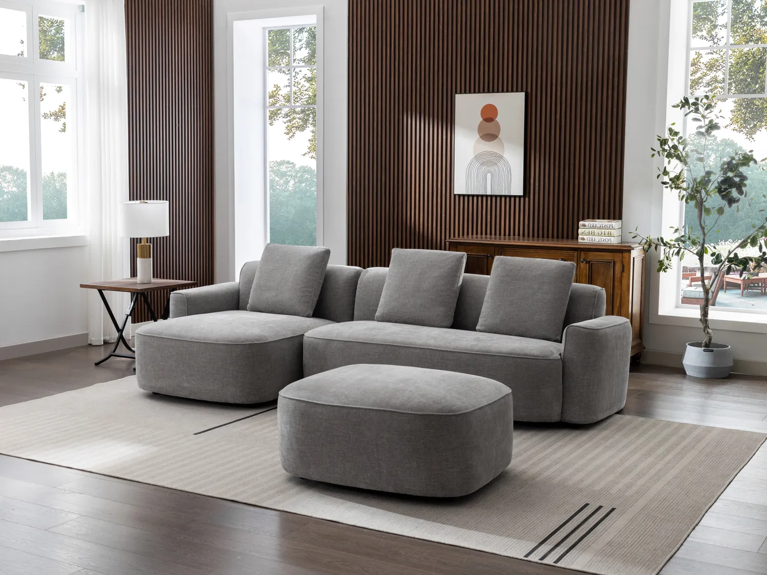 Canapé d'angle gauche et pouf en tissu texturé gris POMIANGO