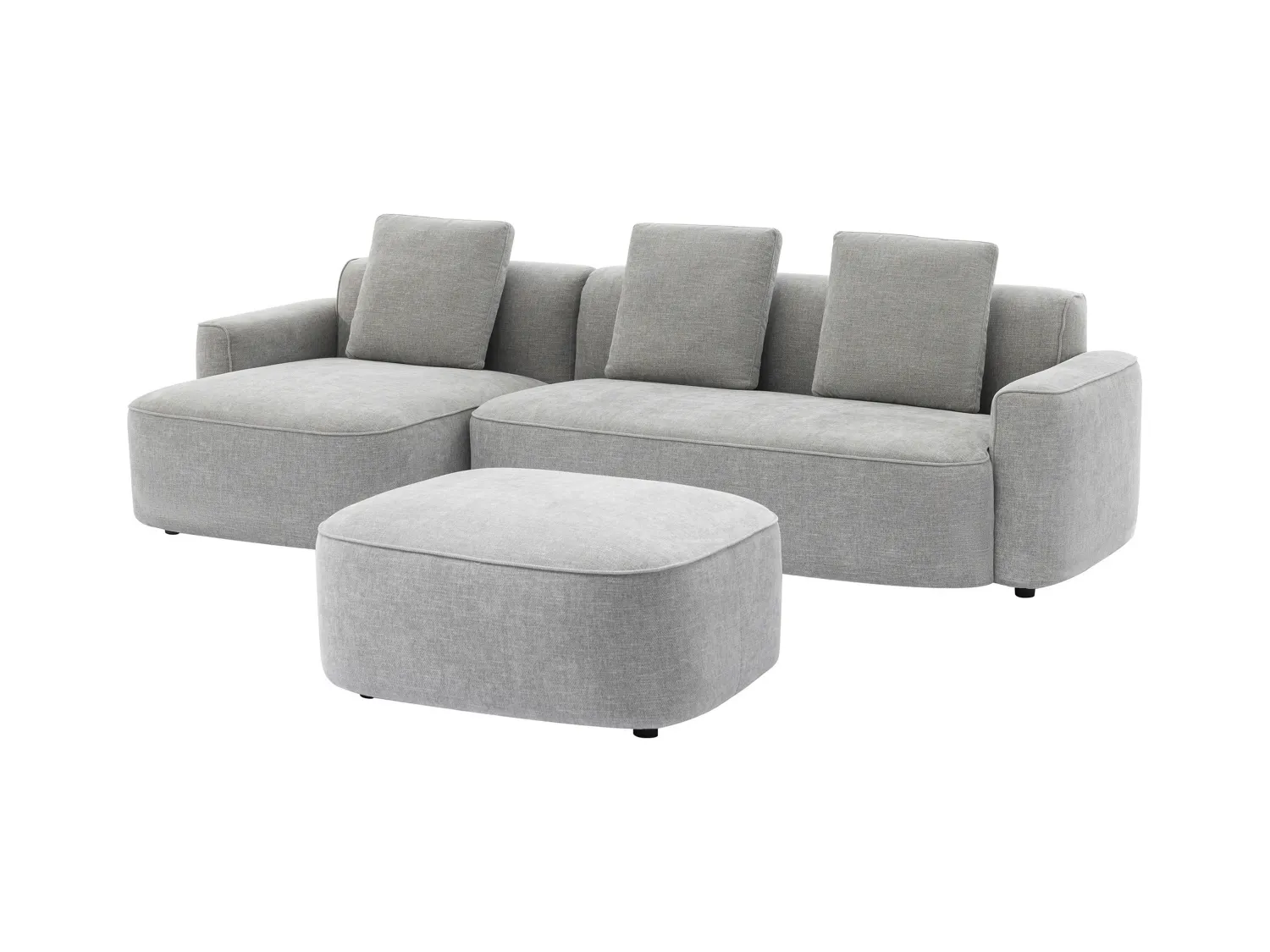 Canapé d'angle gauche et pouf en tissu texturé gris POMIANGO