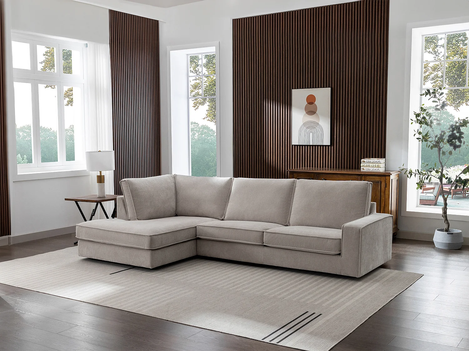 Canapé d'angle gauche en tissu beige APRICALE
