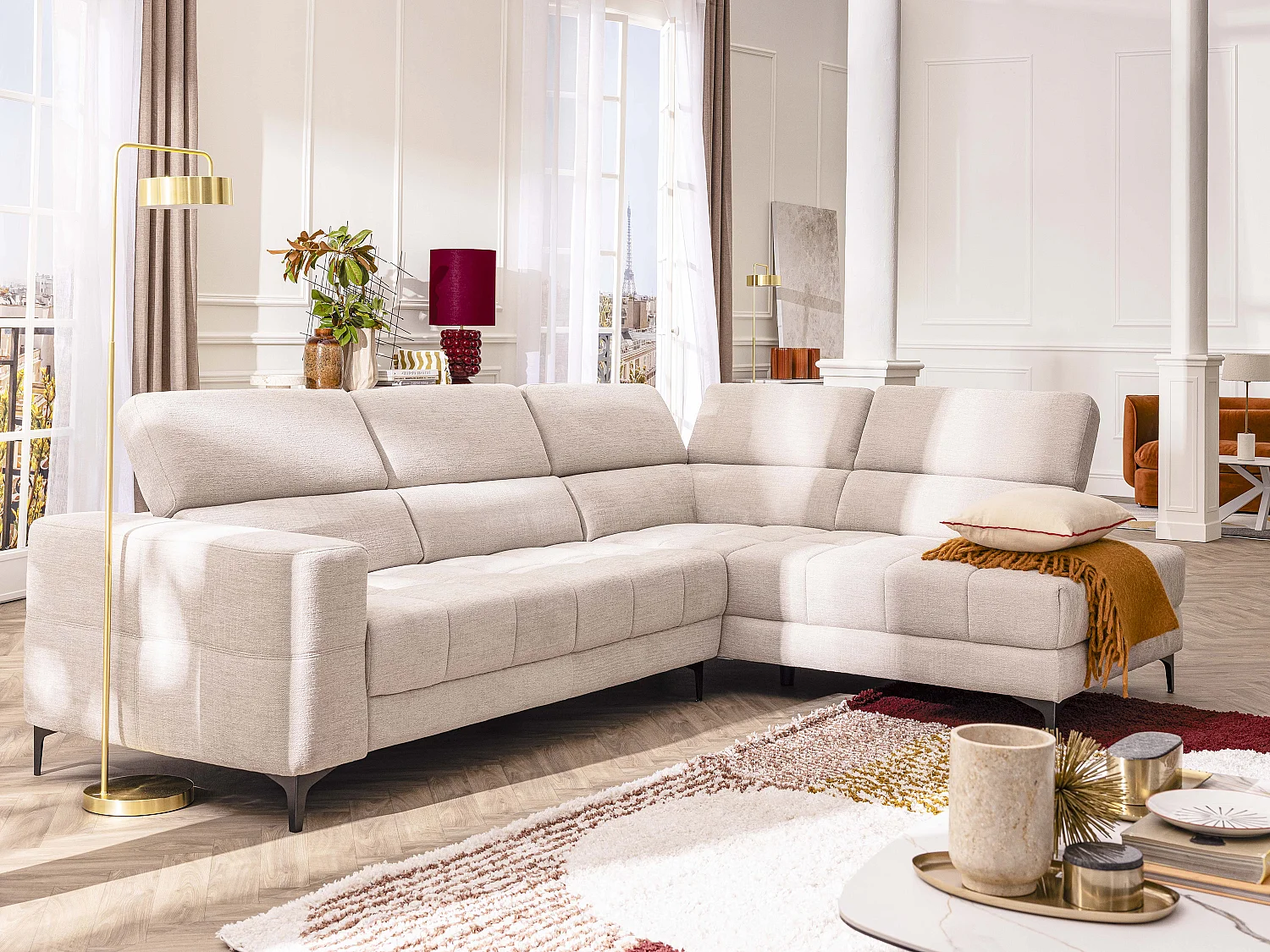 Divano angolo a destra relax elettrico seduta scorrevole in Tessuto Beige - MONISO