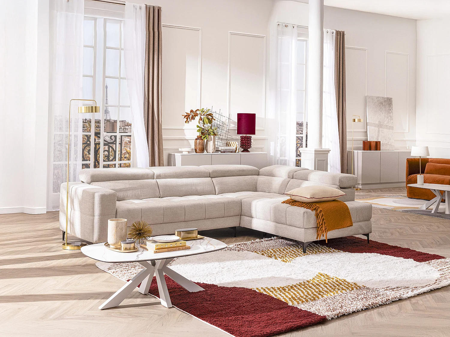 Eckrelaxsofa elektrisch - Ecke rechts - mit ausziehbarer Sitzfläche - Stoff - Beige - MONISO