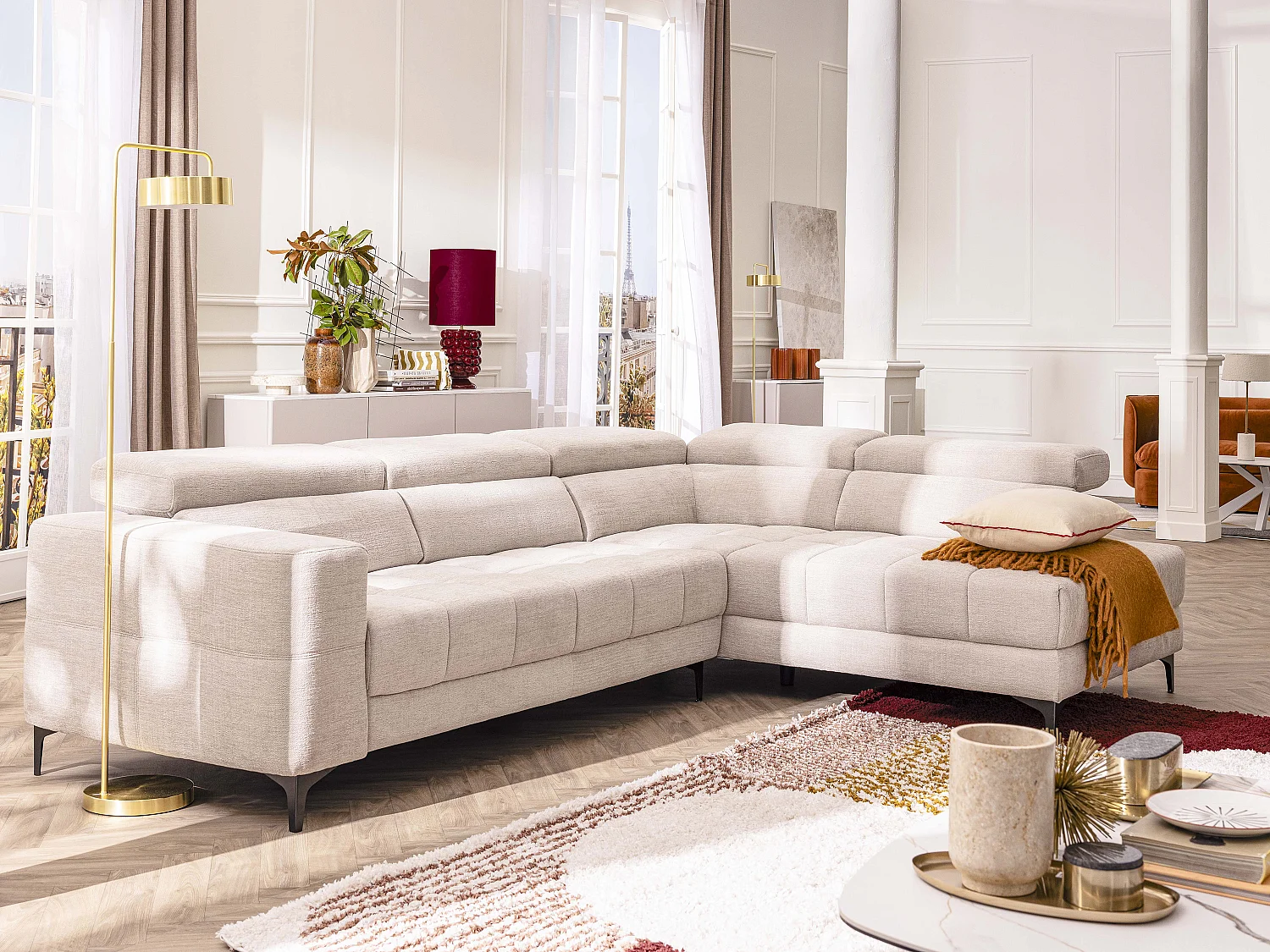 Eckrelaxsofa elektrisch - Ecke rechts - mit ausziehbarer Sitzfläche - Stoff - Beige - MONISO