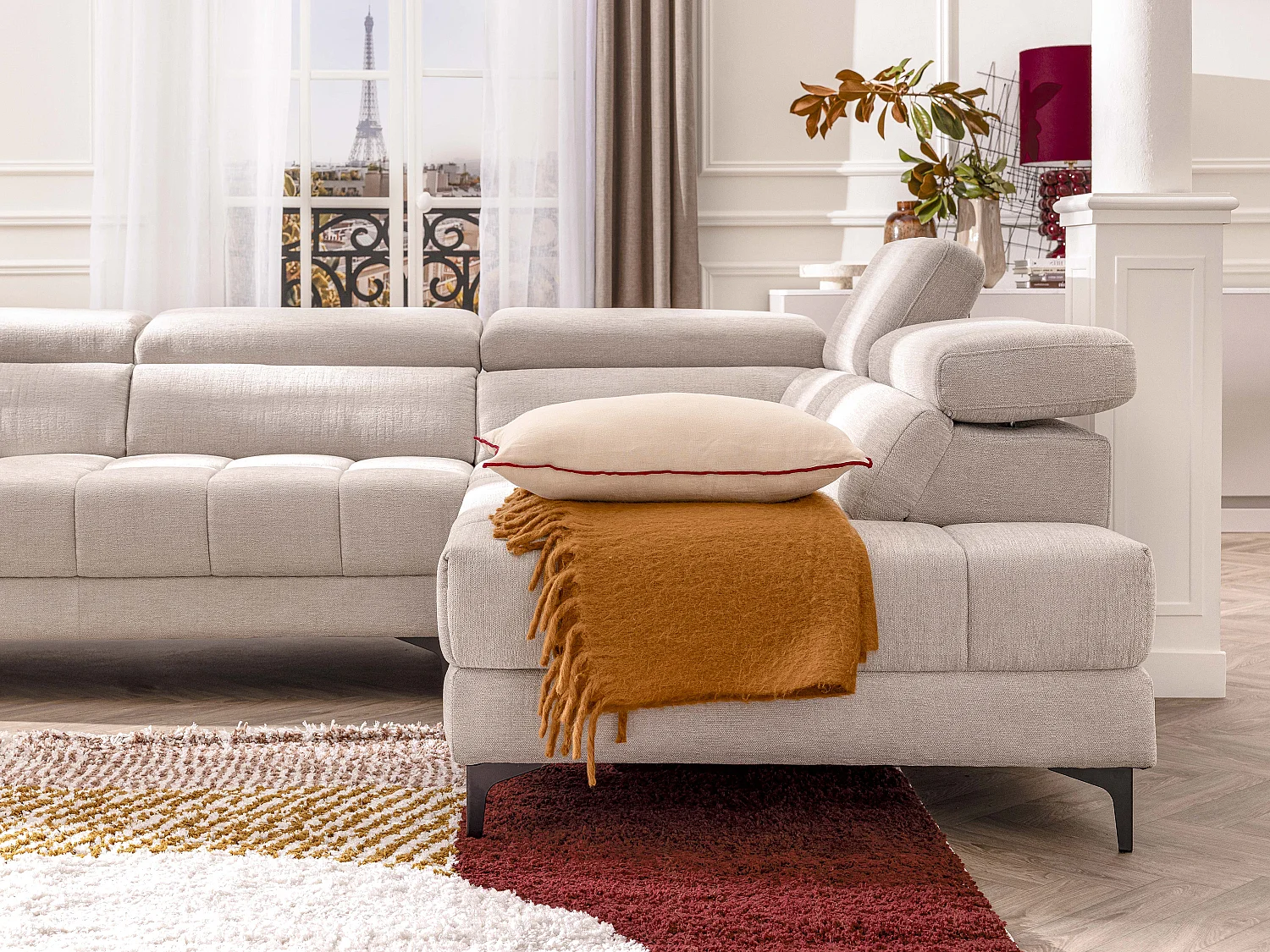 Eckrelaxsofa elektrisch - Ecke rechts - mit ausziehbarer Sitzfläche - Stoff - Beige - MONISO