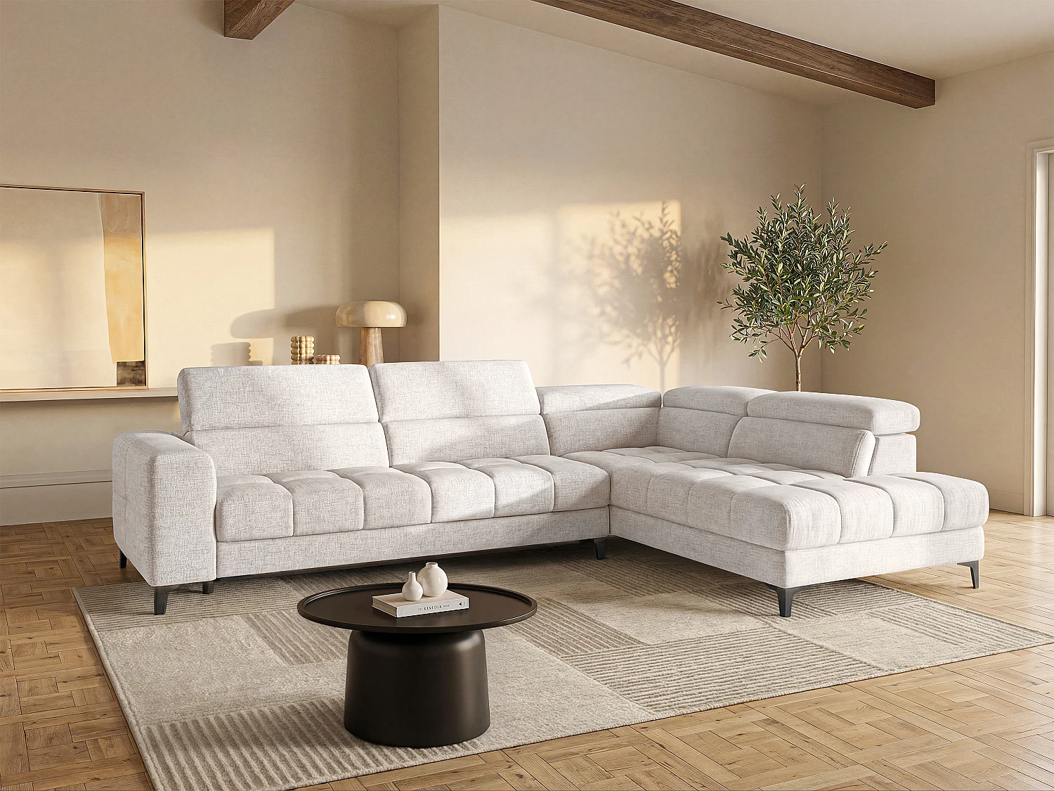 Sofá rinconera derecha relax eléctrico con asiento deslizante de tela beige MONISO