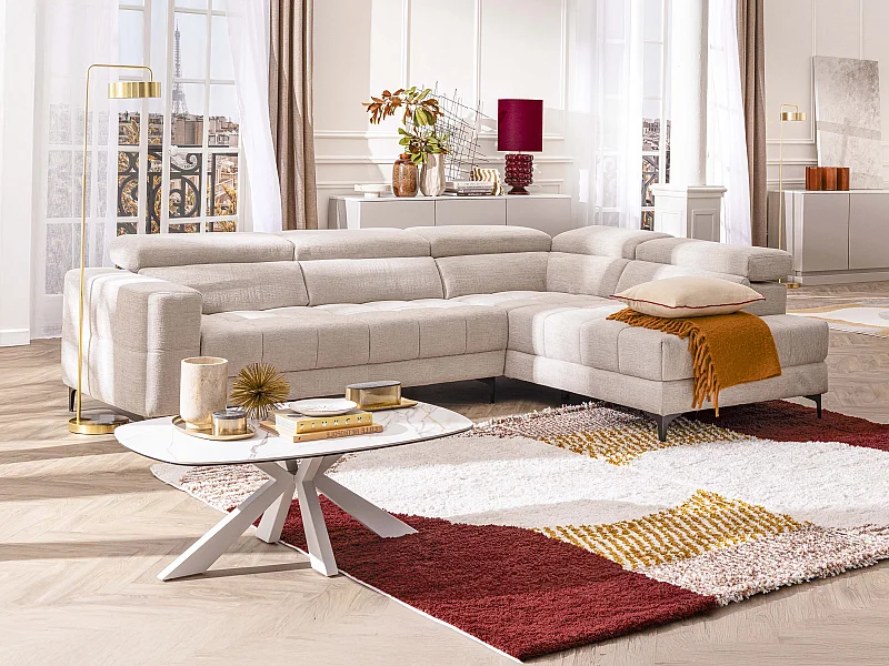 Canapé d'angle droit relax avec assise coulissante électrique en tissu beige MONISO