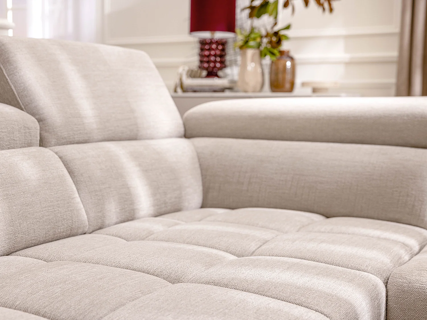 Eckrelaxsofa elektrisch - Ecke links - mit ausziehbarer Sitzfläche - Stoff - Beige - MONISO