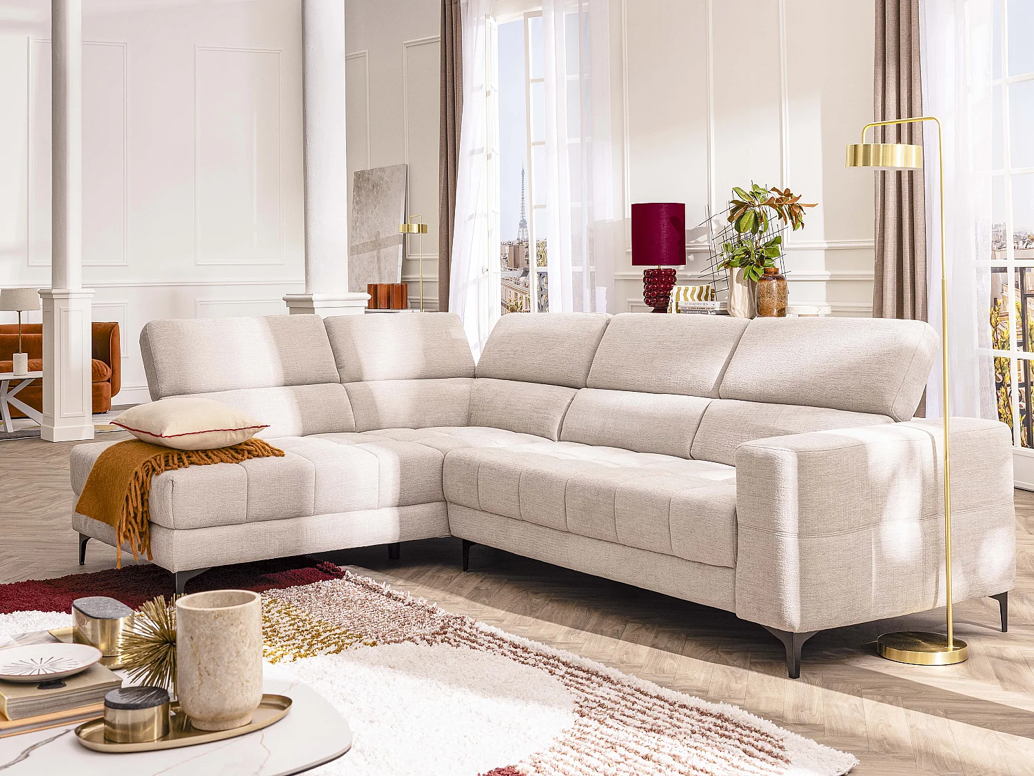 Canapé d'angle gauche relax avec assise coulissante électrique en tissu beige MONISO