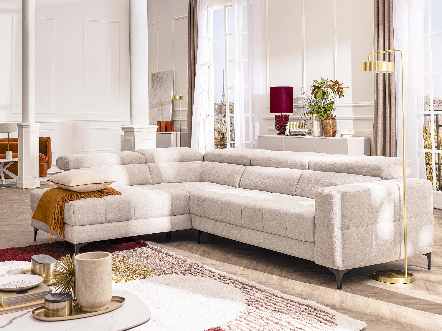 Eckrelaxsofa elektrisch - Ecke links - mit ausziehbarer Sitzfläche - Stoff - Beige - MONISO