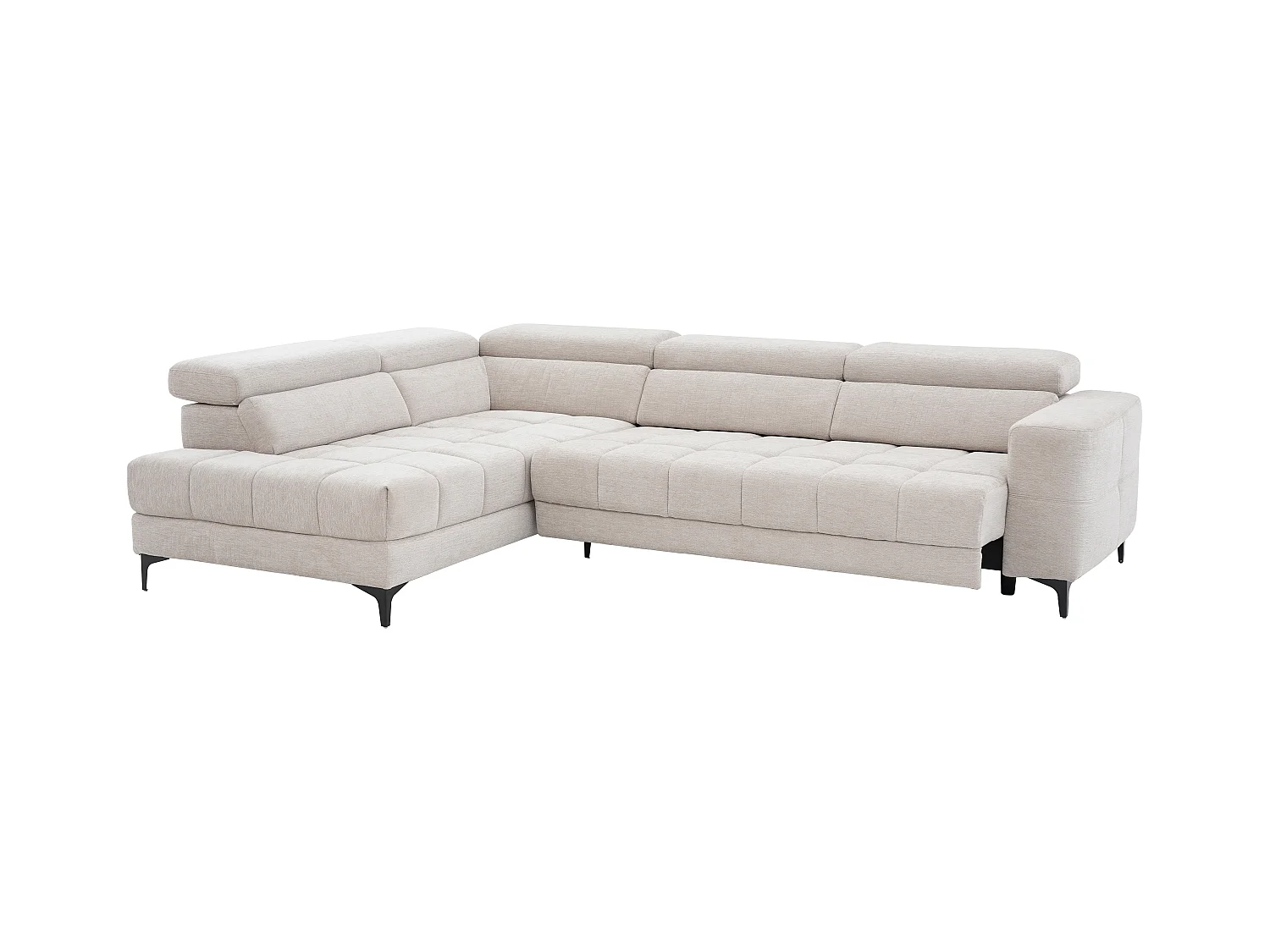 Kanapa narożna lewostronna z elektryczną funkcją relax, wysuwanym siedziskiem i beżową tapicerką - MONISO