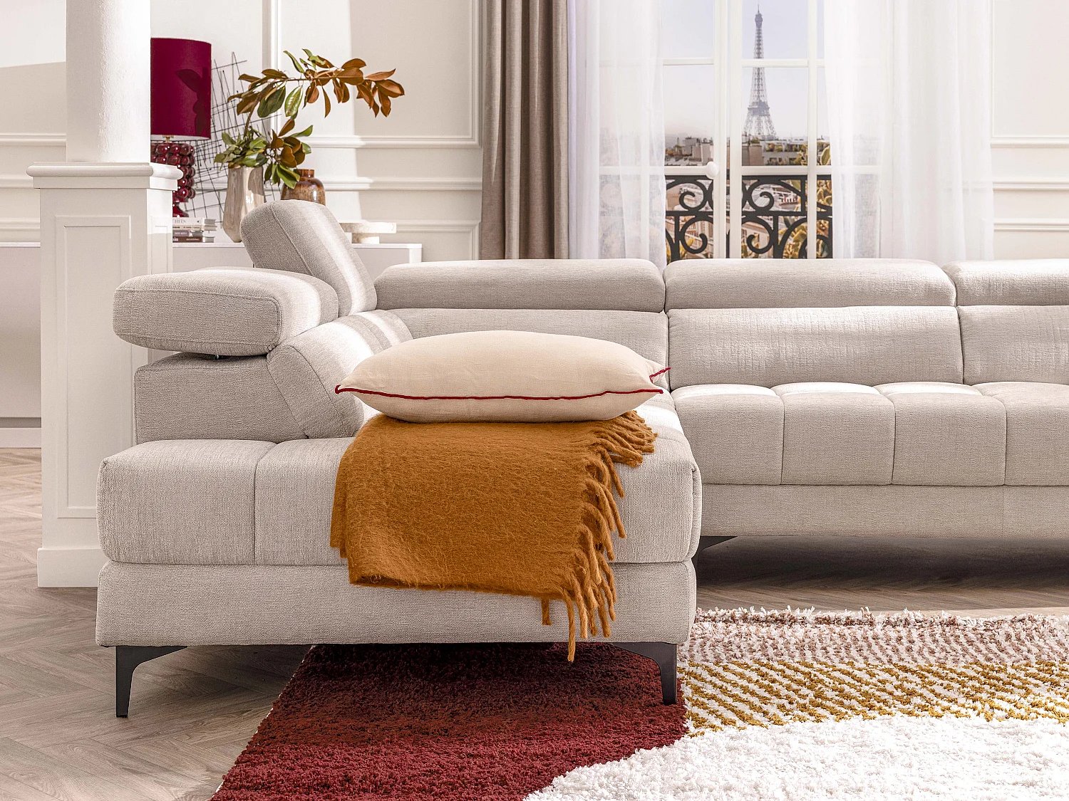 Venstre hjørnesofa med afslapning, elektrisk glidesæde i beige stof MONISO