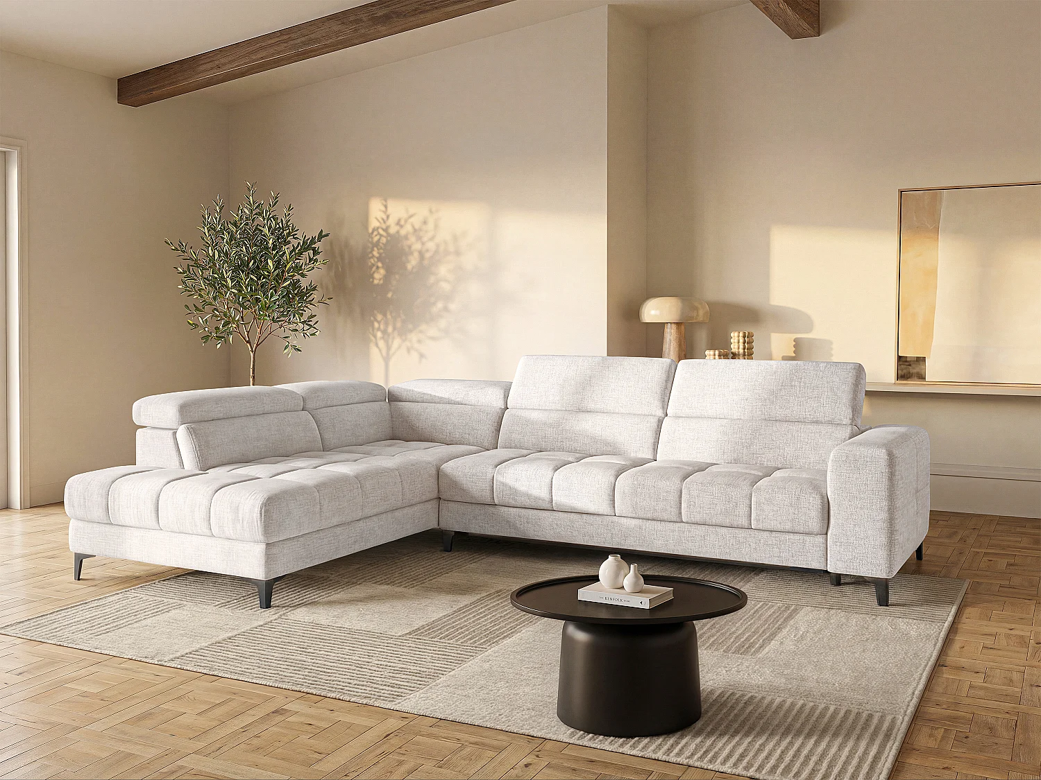Eckrelaxsofa elektrisch - Ecke links - mit ausziehbarer Sitzfläche - Stoff - Beige - MONISO
