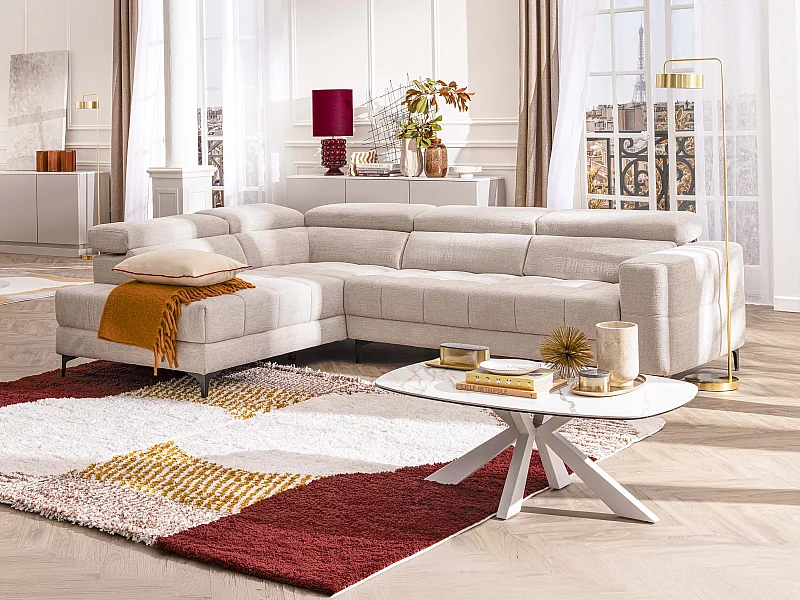 Canapé d'angle gauche relax avec assise coulissante électrique en tissu beige MONISO