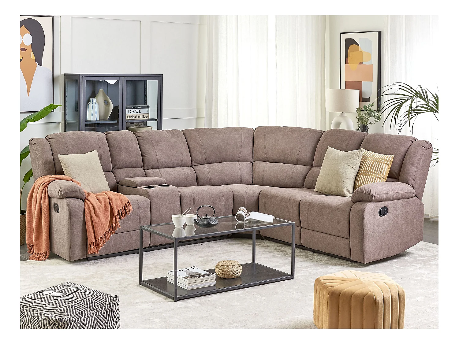 Canapé d'Angle de Relaxation Manuel à 5 Places en Tissu Beige Taupe Rokke