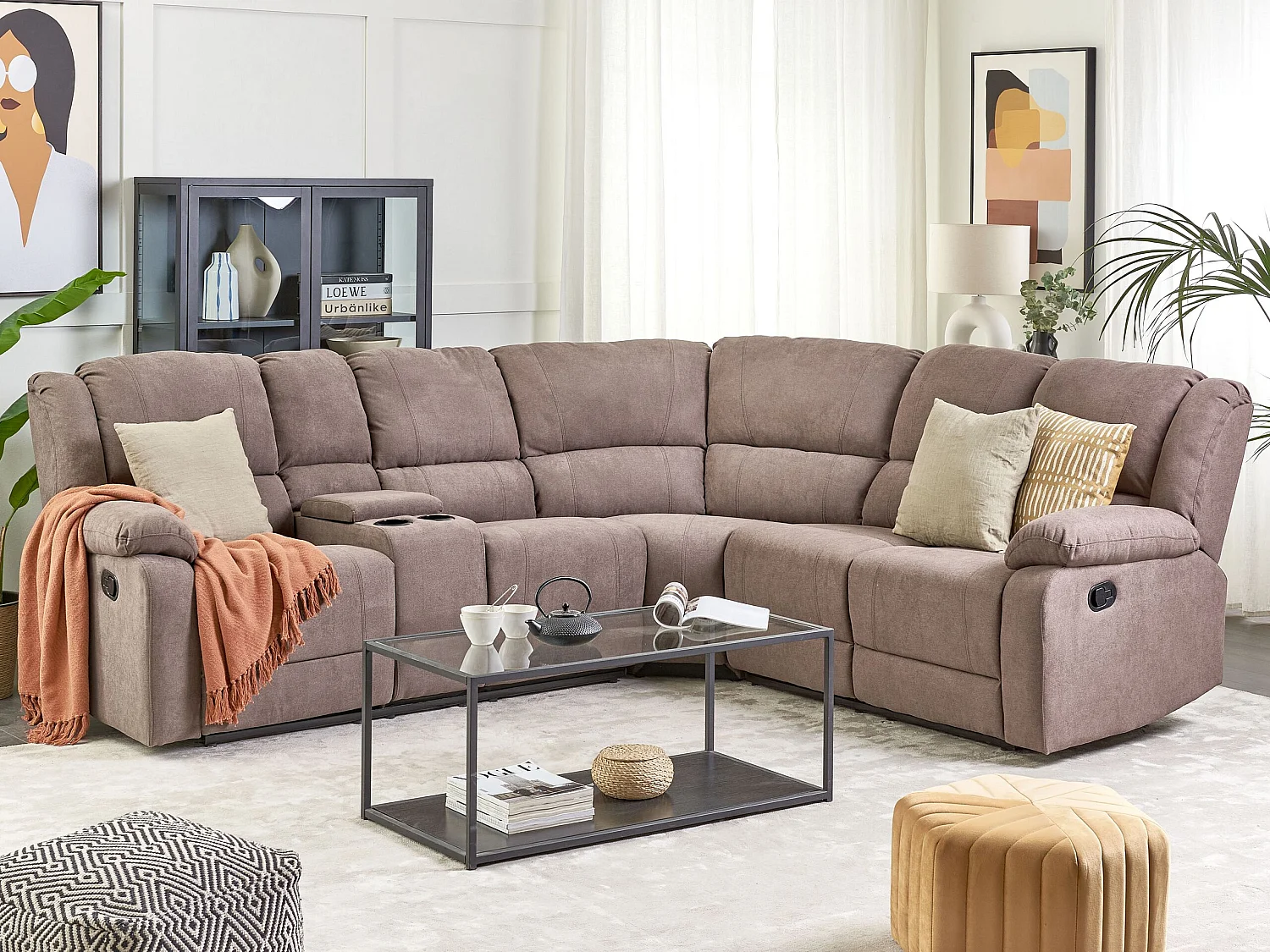 5-Personen Ecksofa Stoffbezug beige taupe Getränkehalter verstellbar Rokke