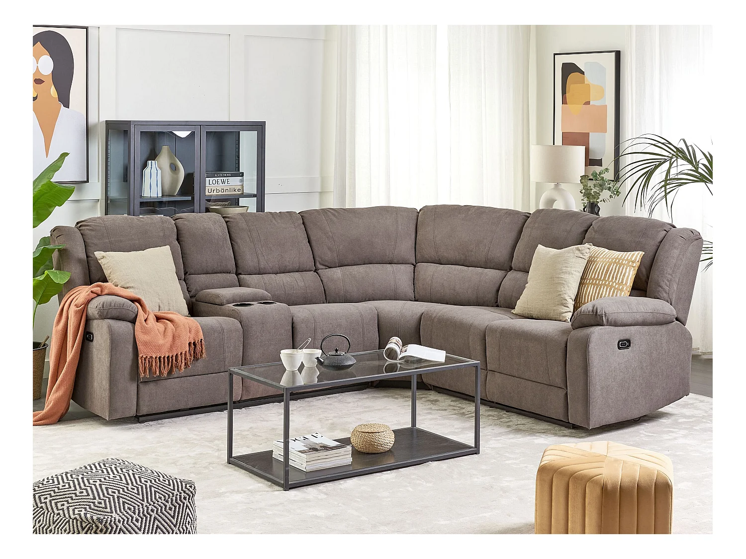 Canapé d'Angle Électrique à 5 Places avec Port USB en Tissu Beige Taupe Rokke