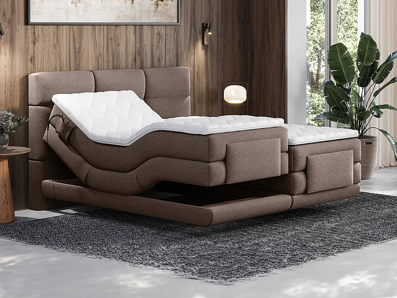 Ensemble complet boxspring tête de lit capitonnée + sommiers relaxation électrique + matelas + surmatelas - 2 x 80 x 200 cm - Tissu - Marron - LODI de PALACIO