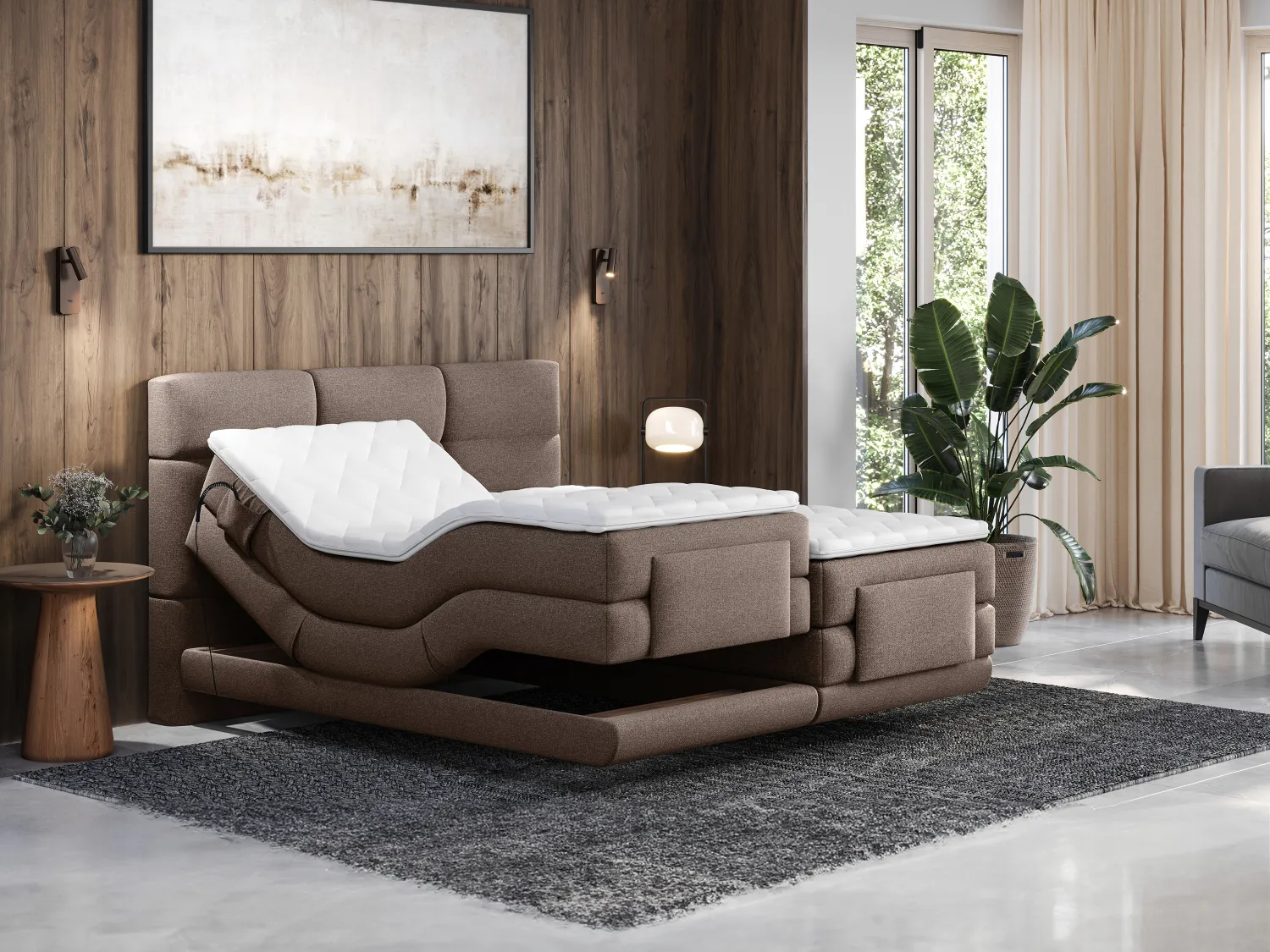 Ensemble complet boxspring tête de lit capitonnée + sommiers relaxation électrique + matelas + surmatelas - 2 x 80 x 200 cm - Tissu - Marron - LODI de PALACIO