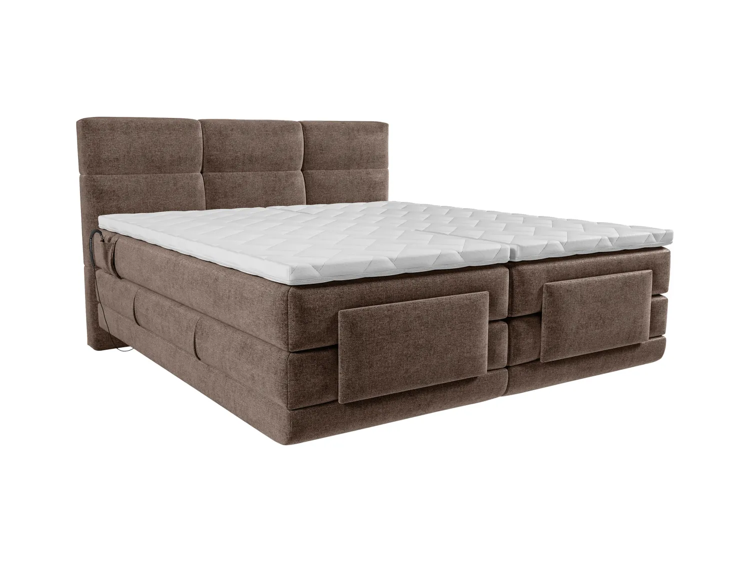 Ensemble complet boxspring tête de lit capitonnée + sommiers relaxation électrique + matelas + surmatelas - 2 x 80 x 200 cm - Tissu - Marron - LODI de PALACIO