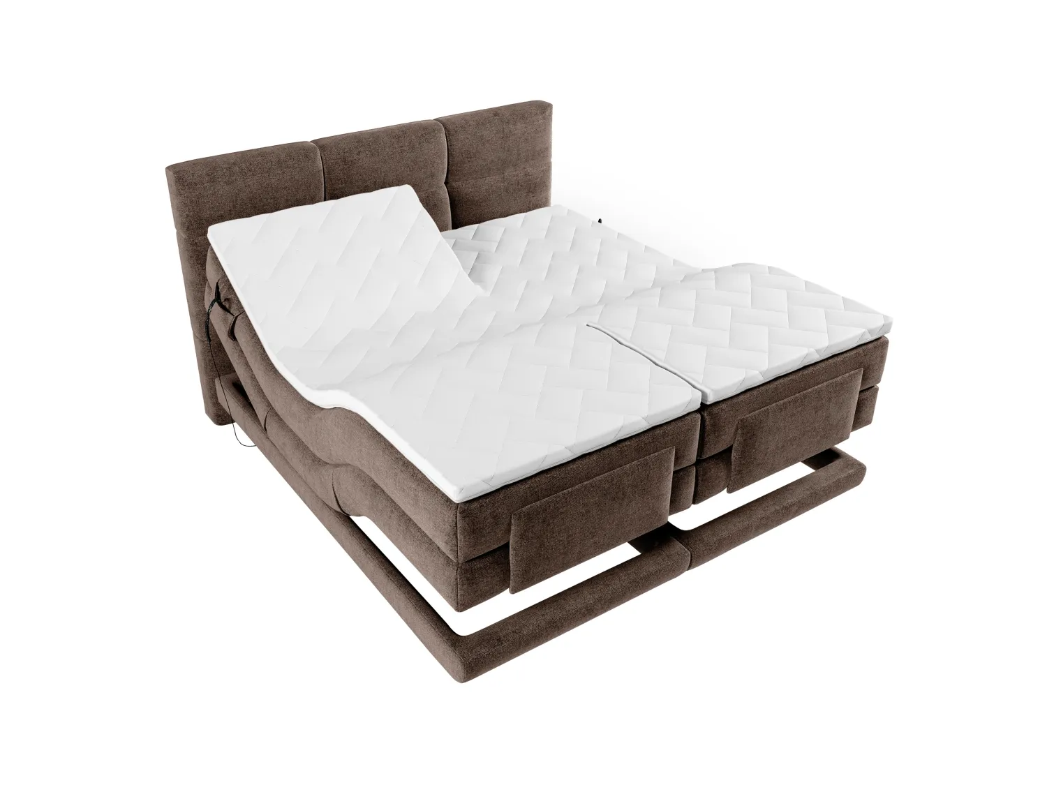 Ensemble complet boxspring tête de lit capitonnée + sommiers relaxation électrique + matelas + surmatelas - 2 x 80 x 200 cm - Tissu - Marron - LODI de PALACIO