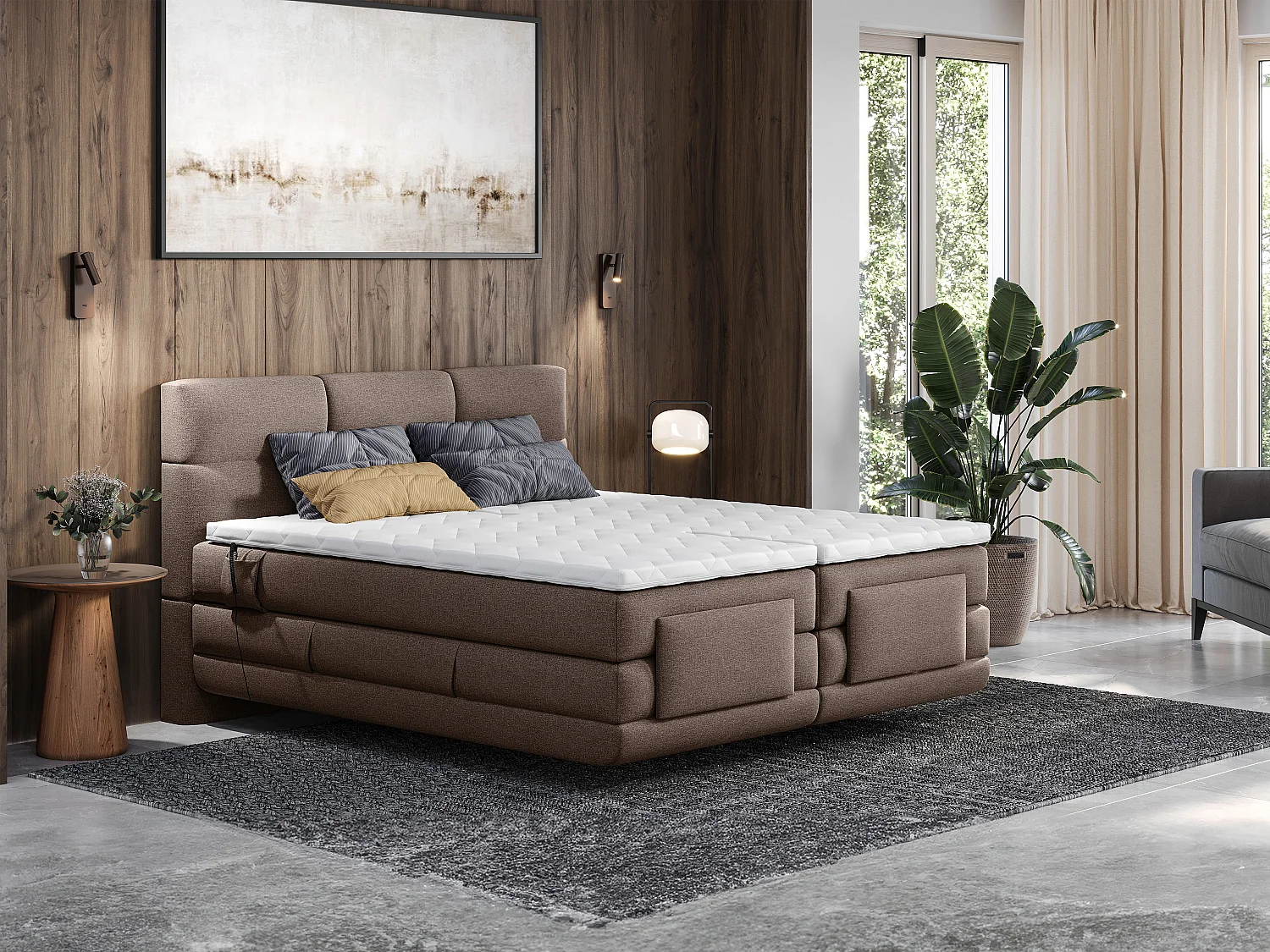 Boxspringbett mit gestepptem Kopfteil + elektrischem Untergestell mit Relaxfunktion + Matratze + Topper - 2 x 90 x 200 cm - Stoff - Braun - LODI von PALACIO